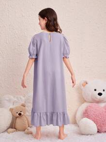SHEIN Tween Girl Cute Princess Style Floral Embroidery Puff Sleeve Ruffle Trim Woven Nightgown - Dusty Purple - View 4