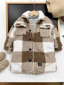 1pc Unisex Casual Academia Comfortable Fashion Simple Versatile Soft Textured Plaid Fleece Mid-Length Windbreaker Jacket, Suitable For Daily, School, Outing, Sports, Autumn/Winter Season
