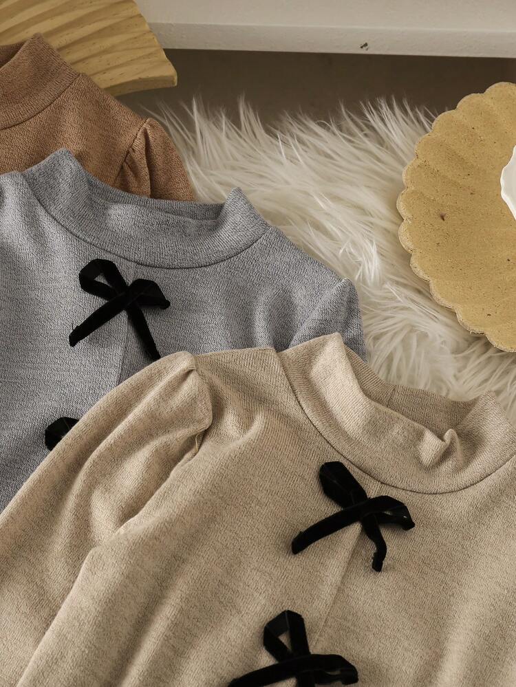 3pcs Young Girls Elegant Bowknot Gigot Sleeve Fitted Blouse Set In Khaki, Brown, Grey - Suitable For Autumn, Winter, School, Party, Dinner, Family Gathering