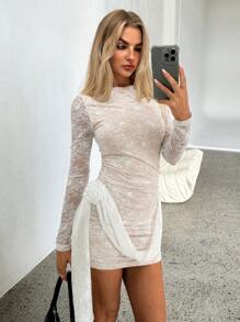 Aloruh Women's Autumn/Winter New Arrival Wedding Season Floral 3D Ruffle Tie Ruched Lace Bodycon Long Sleeve Mini Dress - White - View 7