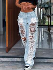 Women's Retro American Street-Style Fashion Ripped Straight Leg Jeans - Light Wash - View 6