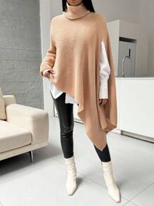 SHEIN Essnce Dames Winter Capuchon Poncho Split Knit Trui, Lange Mouw Warme Hoge Hals Dames Pullover - Abrikoos - Bekijken 4