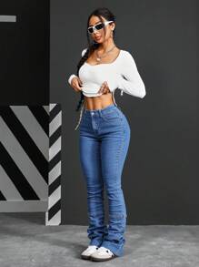 SHEIN PETITE 正面纽扣多口袋简约休闲牛仔裤 - 藍色 - 查看 7