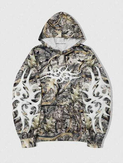 Street Life Men Graphic Print Drawstring Hoodie With Front Pocket, Casual Daily Wear, School