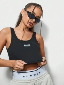 SUMWON WOMEN 街头无袖修身短款背心，带 PU 肩带细节 - 黑色 - 查看 3