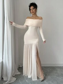 Selianne 女士纯色露肩长袖开衩褶皱连衣裙长款女装 - 杏色 - 查看 6