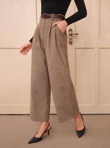 Vintamour Vintage Classic Elegant Women's Pants, Fitted Wool Plaid Pants With Belt & Pockets, Available In Coffee & Khaki Colors, Suitable For/Brown Office Old Money Spring - Brown - View 7