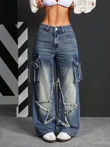 SHEIN PETITE 女士时尚街头纽扣腰带环侧袋磨边牛仔裤