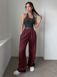 DAZY 女士时尚松紧腰休闲宽松纯色长裤，宽松裤 - 酒紅色 - 查看 3