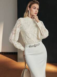 MOTF Soiréza LACE CONTRAST SEQUIN MOCK NECK LANTERN SLEEVE PARTY TOP