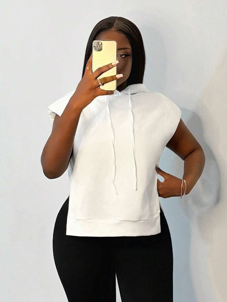 Slaydiva Sudadera con capucha blanca casual, sin mangas, suelta y con abertura lateral - Blanco - Ver 1