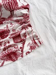 Soleia Damen Resort Oberteil mit Trägerhals, gewebter Korb, weißer Retro Muster, plissierter Camisole-Stil - Rot - Übersicht 4