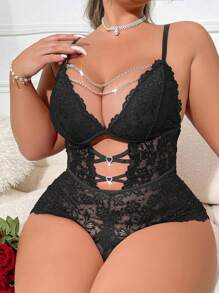 SHEIN Plus Size Lace Spaghetti Strap Backless Deep V-Neck Sexy Lingerie Romper - Black - View 5