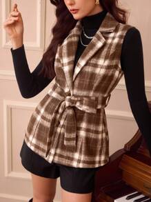 Vintamour Retro Elegant Women Regular Jacket, Autumn/Winter Fitted Waist Tie Belt Sleeveless Plaid Vest Jacket Vest Women Jackets Renaissance Fair Winter Women Coat Business Women Clothes Women Blazers Fall Women Outfits Homecoming Thanksgiving Women Outfit Fall Clothes Halloween Women Dress Winter Women Dress Women Blazers