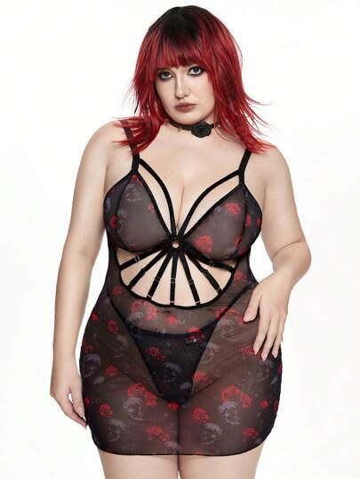 Goth 2 piezas Conjunto de vestido de lencería sexy de talla grande estilo gótico