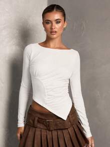 SHEIN BAE Damen Weiß einfarbig vielseitiger Mode Lässig/Pendler Nachmittagstee Rundhals Langarm Raffung einfacher asymmetrischer Saum Strick Oberteil, Herbst/Winter - Weiss - Übersicht 1