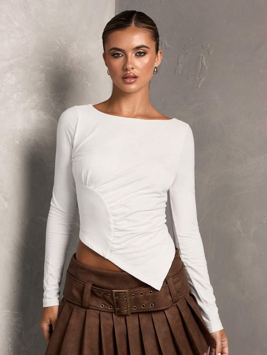 SHEIN BAE Damen Weiß einfarbig vielseitiger Mode Lässig/Pendler Nachmittagstee Rundhals Langarm Raffung einfacher asymmetrischer Saum Strick Oberteil, Herbst/Winter - Weiss - Übersicht 1