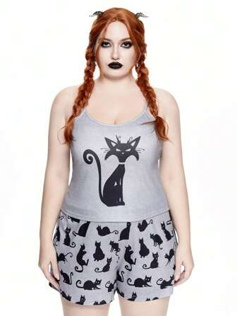 Kawaii Ensemble pyjama commode, à grande taille, à bretelles, avec imprimé de chat opposé amusant