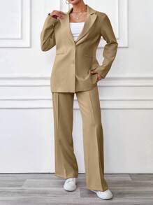 SHEIN Cottnline Solid Color Oversize Suit Set - Jacket & Pants - Mocha Brown - View 5