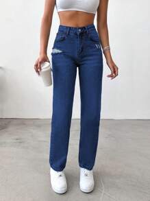 Cottnline 100% Cotton Women High/Mid-Rise Straight Leg Distressed Vintage Color Jeans - Medium Wash - View 3