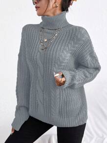 RueChic 麻花編織高領套頭毛衣 - 灰色 - 查看 4