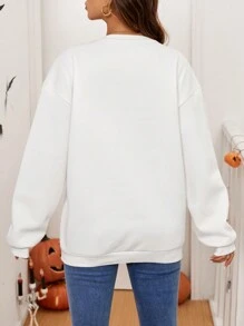 SHEIN Maternity Casual Pumpkin Print Round Neck Drop Shoulder T-Shirt, Spring Autumn Fall Top, Women Fall Clothes - White - View 2