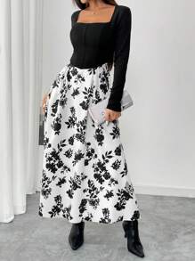 Mulvari 女士春秋优雅拼色花卉印花连衣裙