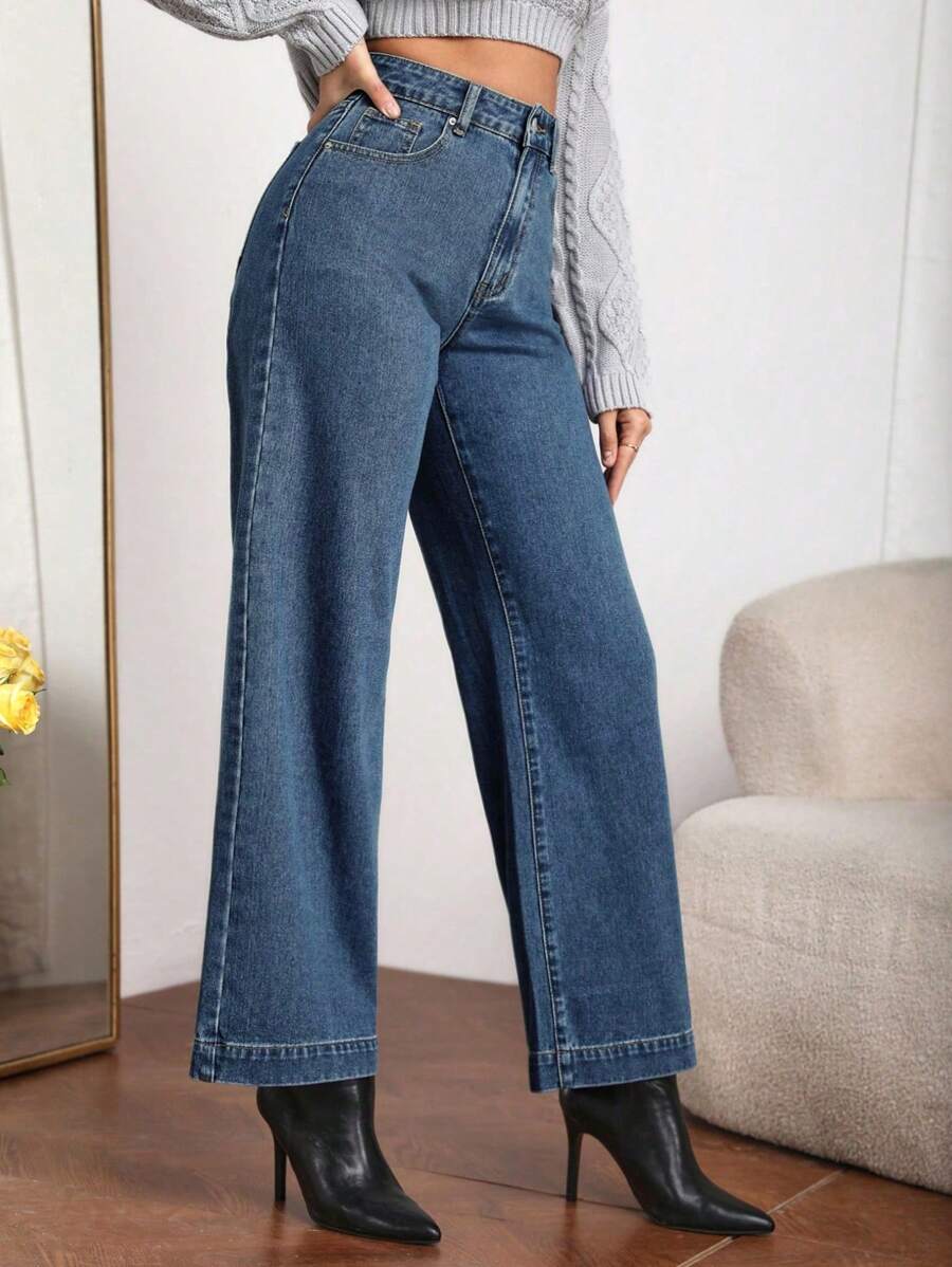 SHEIN Essnce 拉鏈門襟闊腿牛仔褲 - 深色水洗藍 - 查看 1