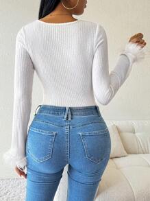 Calvaya 1pc Casual Round Neck Fuzzy Cuff Bodysuit, Spring Autumn