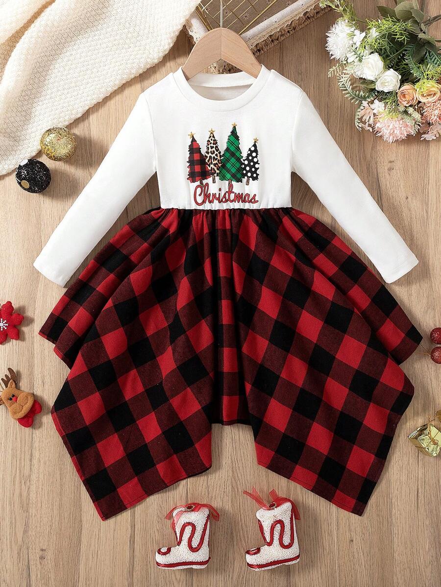 SHEIN Váy cây thông Noel in họa tiết kẻ caro viền bất đối xứng cho bé gái, thích hợp cho tiệc ngày lễ & quà tặng Giáng sinh, mùa thu/đông - Nhiều màu - Xem 1