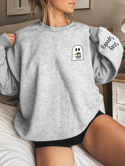 INAWLY Plus Size Crew Neck Sweatshirt, Cute Ghosty Sweatshirt, Halloween Sweatshirt Fall Cloth For Women Winter Autumn