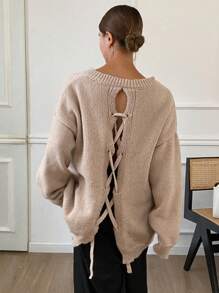 DAZY Women's Solid Color Loose Fit Long Sleeve V-Neck Tied Back Slit Sweater , Apricot Sweater,Fall Women Clothes - Khaki - View 8