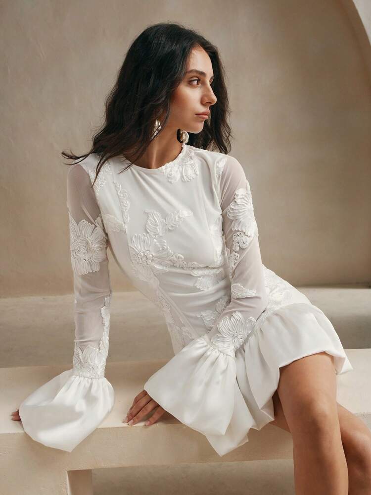 Elegant French Embroidered Fitted Floral Midi Dress For Women Embroidery Women Outfit