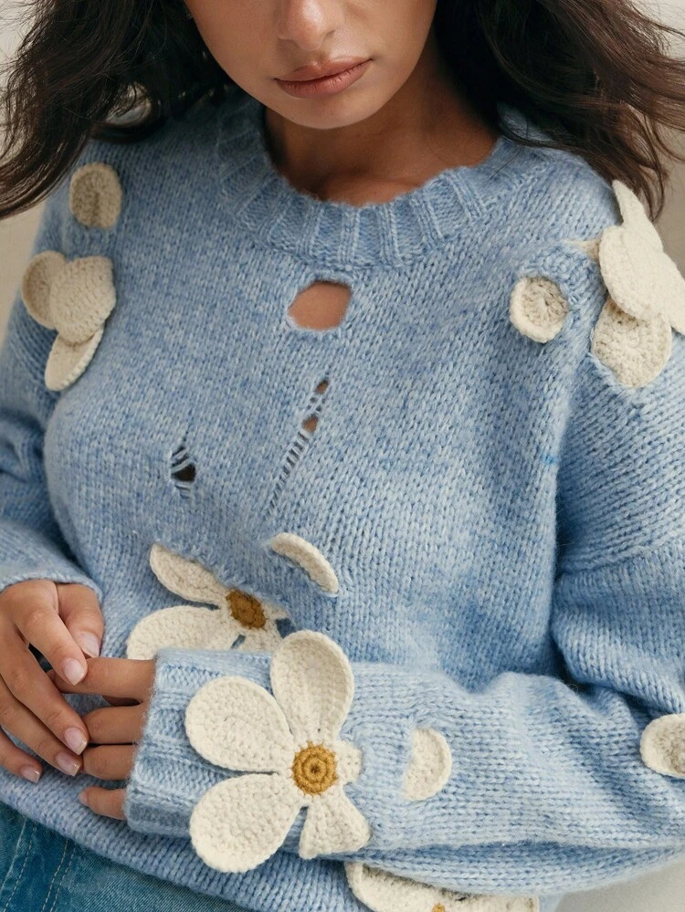 Hand Crochet 3D Floral Decor Soft Round Neck Knitted Sweater, Fall Winter