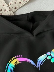 SHEIN Leap Crew 秋冬季 Tween 女童休闲可爱彩色心形和动物爪印图案黑色长袖宽松连帽厚运动衫，Tween 女童秋装，女童秋装，Tween 女童服装，女童连帽衫，基本款连帽衫，女童冬装，Tween 女童服装，女童秋装，黑色连帽衫，可爱连帽衫，图案连帽衫，秋季运动衫，冬季运动衫 - 黑色 - 查看 3