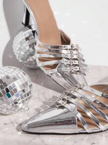 SHUZIA Tacones altos de punta fina con decoración de hebillas metálicas multicolor de moda y encantadores para uso diario de mujeres - Plateado - Ver 3