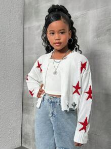SHEIN Tween Girl  Oversized Loose Star Printed Frayed Edge Knit Short Cardigan - Multicolor - View 6