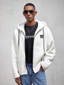 AKNOTIC Business Casual Veste décontractée à capuche en laine avec lettres brodées, à manches raglan amples, convenant pour l'automne et l'hiver - Blanc - Voir 4