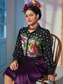 Frida Kahlo X SHEIN Plus Size Modieuze Polka Dot Puff Sleeve Bloemenprint Blouse, Geschikt Voor Woon-werkverkeer En Vakantie, Zwart
