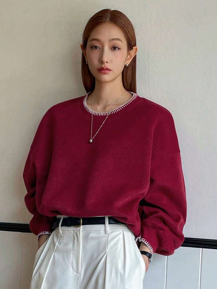 1pc Red Color-Blocking Casual Thermal Lined Sweatshirt For Autumn & Winter,Fall Women Clothes