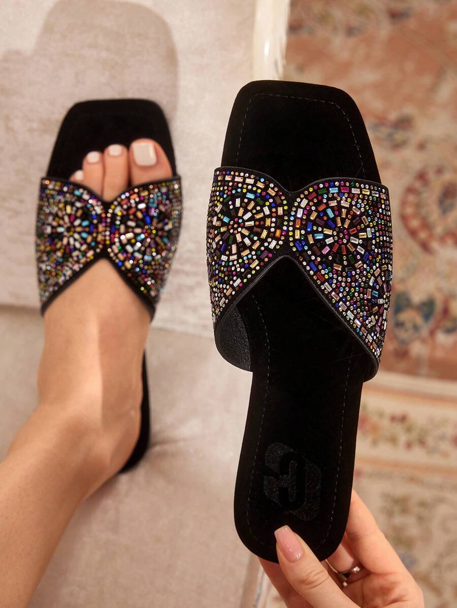 CUCCOO TILAWA New Women Outdoor Flat Sandals, Pointed Toe Fashion Rhinestone Black Velvet Slippers, Soft Bottom Casual Comfortable Summer Party Office Shoes Spring Shoes - Black - View 1