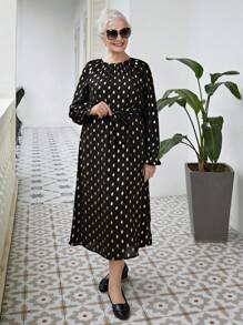 SHEIN LUNE 商务休闲女装女装女士休闲烫金印花中长连衣裙，春秋季 - 黑色 - 查看 1