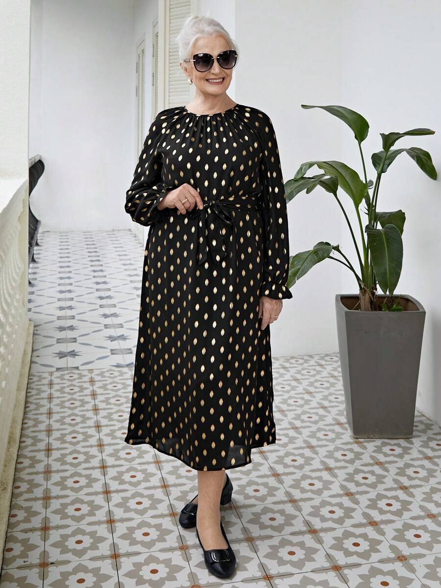 SHEIN LUNE 商务休闲女装女装女士休闲烫金印花中长连衣裙，春秋季 - 黑色 - 查看 1