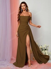 Faeriesty Elegant Satin Off-Shoulder Evening Gown With High-Slit Hem | Perfect For Bridesmaids, Evening Parties, Luxury Weddings, Galas, Or Red Carpet Appearances Bridesmaid Dress