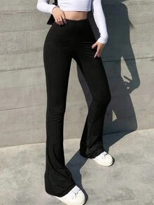 Fashion Me Solid Color Slim Fit Flared Casual Pants, Polyester Fabric With Ribbed Ribbed Pattern, Elastic Waist, Suitable For Sports, Casual Wear, All Seasons, Carnival Black Spring - Black - View 7