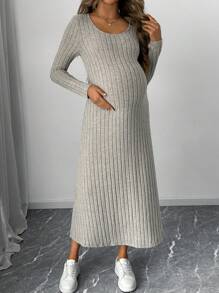 SHEIN Maternity Solid Color Round Neck Long Sleeve Simple Long Casual Dress