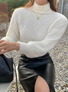 DAZY 女士蓬松高领保暖套头衫、长袖上衣、秋季女装 - 白色 - 查看 4