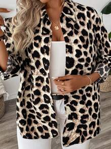 SHEIN LUNE 大码女式休闲豹纹宽松长袖翻领纽扣衬衫，秋冬 - 卡其色 - 查看 1