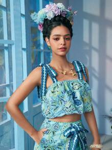 VALERIA GALIPOLI Frida Kahlo X SHEIN X Designer Floral Print Knot Shoulder Crop Cami Top, Holiday - Multicolor - View 1