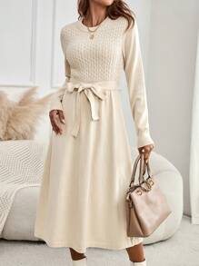 EMERY ROSE Women's Long Sleeve Belted Sweater Dress - Khaki - View 3